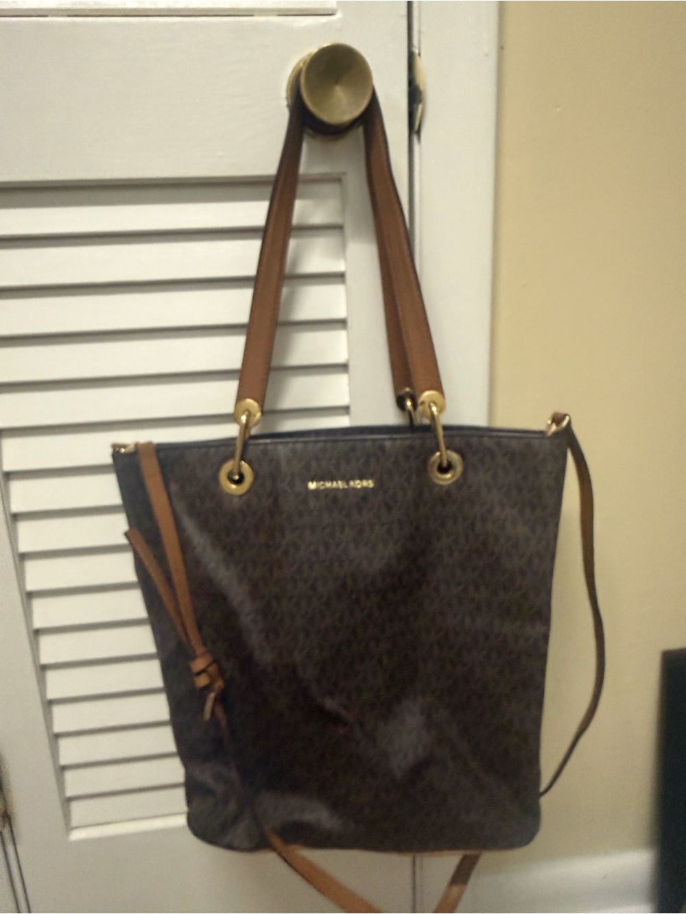 Michael Kors Brown Logo-Print Tote with Tan Straps
